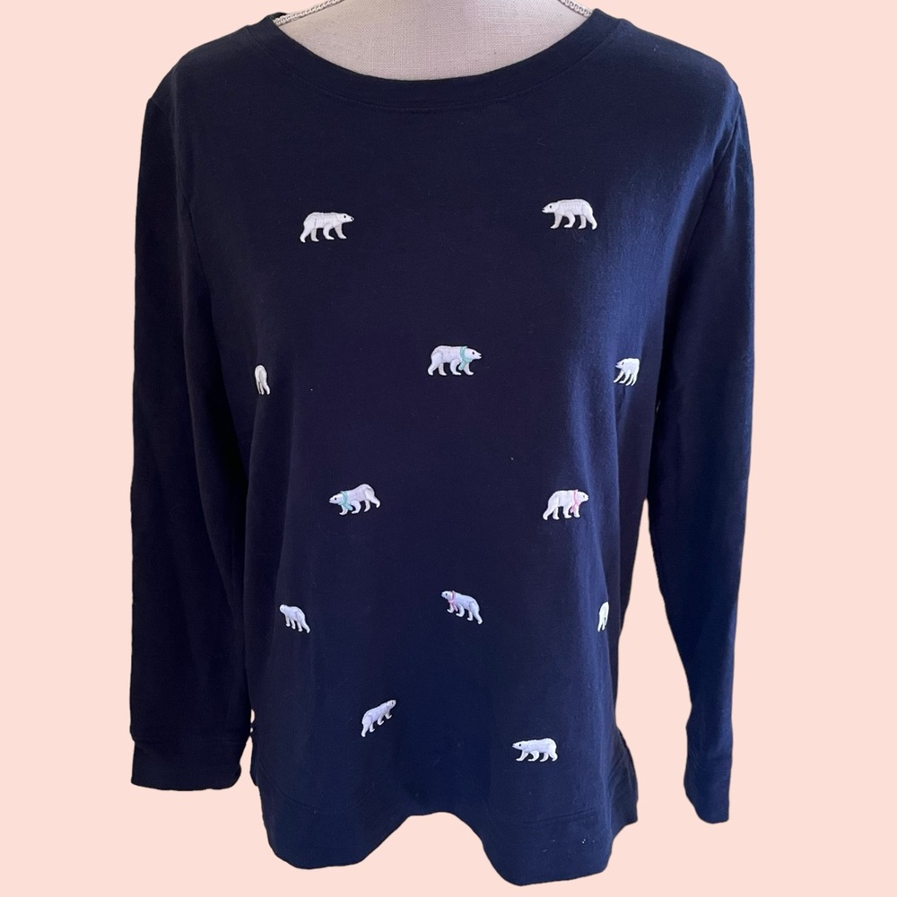 Talbots Navy Blue Cotton French Terry Top with Embroidered Polar Bear Detail